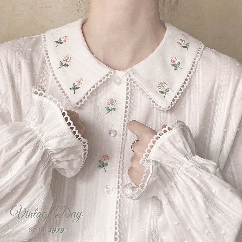 เสื้อเชิ้ตแขนยาว คอปกตุ๊กตา ผ้าฝ้าย ปักลาย เข้ากับทุกการแต่งกาย แฟชั่นฤดูใบไม้ผลิ สไตล์ญี่ปุ่นเรโทร สําหรับผู้หญิง
