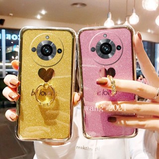 พร้อมส่ง เคสโทรศัพท์มือถือแข็ง ชุบไฟฟ้า รูปหัวใจ แต่งกลิตเตอร์ พร้อมแหวนขาตั้ง สําหรับ Realme11 Pro Realme 11 Pro + Plus 5G 2023 Realme 11 Pro 5G