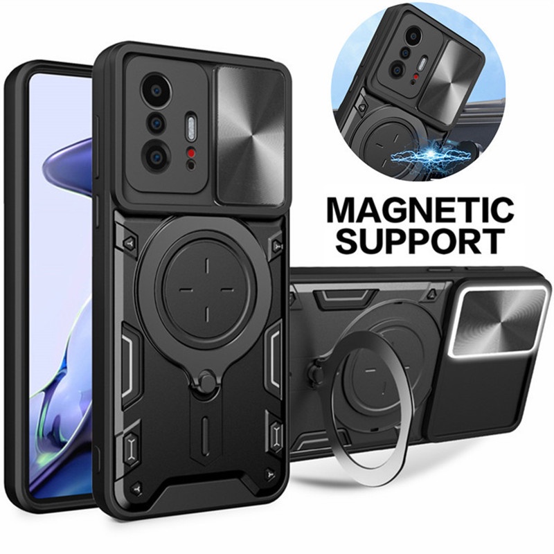 สําหรับ Xiaomi Mi 15T 13T 11T 12T Pro 12TPro 11TPro 13TPro 15TPro 5Gหรูหราสไลด์กล้องเลนส์ป้องกันเคสโทรศัพท์ขาตั้งยึดกันชนฮาร์ดปกหลังกันกระแทกเกราะปลอก