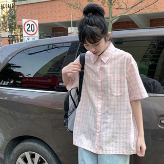 เสื้อเชิ้ตแขนสั้นลําลอง คอปก ลายสก๊อต สไตล์ญี่ปุ่น แฟชั่นฤดูร้อน สําหรับผู้หญิง