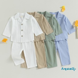 Aqq- ชุดเสื้อเชิ้ต แขนยาว สีพื้น ติดกระดุม + กางเกง เสื้อผ้าเด็กวัยหัดเดิน