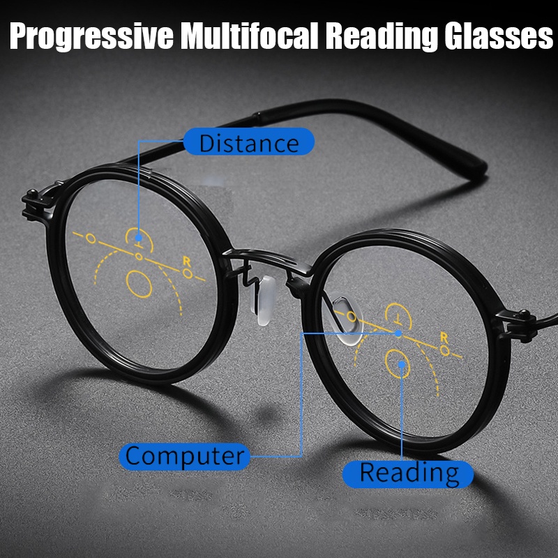 Retro Progressive Multifocal Reading Glasses ผู้ชายผู้หญิงต่อต้านแสงสีฟ้าไม่มีสกรูแว่นตาสายตายาวโลหะกลม Frme +1.0 +4.0