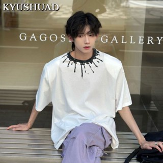 KYUSHUAD เสื้อคอกลมแขนสามส่วนคอเล็กหนัก, เสื้อยืดแขนสั้นสีขาวบริสุทธิ์คุณภาพสูงสำหรับผู้ชาย,