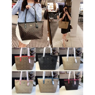 CITY TOTE F58292 ใหม่สบาย ๆ แท้ COAC H แฟชั่นสุภาพสตรีซิปกระเป๋าช้อปปิ้ง