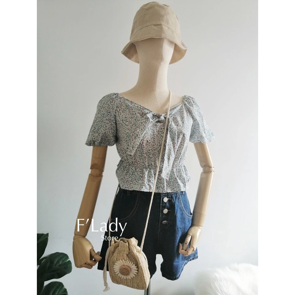 WS144 เสื้อครอปแขนตุ๊กตาผูกโบว์หน้าลายดอกไม้ thumbnail 3