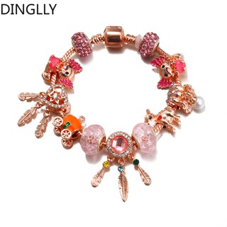 Dinglly โรสโกลด์ หัวใจ ดรีมแคชเชอร์ สร้อยข้อมือ กําไลข้อมือ ลูกปัดสีชมพู รถเข็นฟักทอง และสัตว์ เสน่ห์ สร้อยข้อมือ สําหรับผู้หญิง