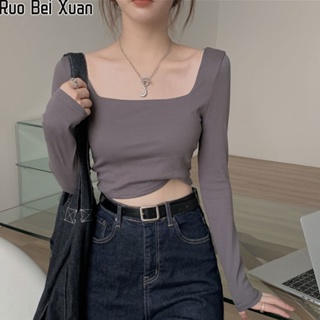 Ruo Bei Xuan ใหม่ของผู้หญิงคอสี่เหลี่ยมตัดด้านบนเข้ารูปด้านล่างเสื้อเชิ้ตแขนยาวเสื้อยืด