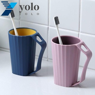 Yolo ถ้วยพลาสติก กันลื่น แบบพกพา พร้อมที่จับ สําหรับจัดระเบียบแปรงสีฟัน 2 ชิ้น