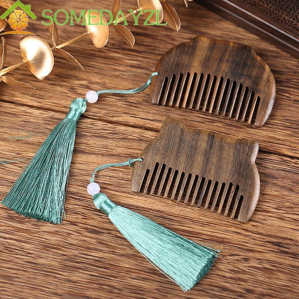 SOMEDAYZL หวีไม้จันทน์ แบบหนา ประดับพู่ สไตล์จีนคลาสสิก สําหรับนวดหนังศีรษะ