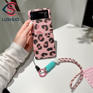 Lushuo เคสโทรศัพท์ ลายเสือดาว สีชมพู พร้อมสายคล้อง สําหรับ Samsung Galaxy Z Flip 3 5G and Z Flip 4 Z Flip3 ZFlip3 ZFlip 3 Z Flip4 ZFlip 4