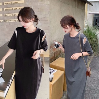 【Dress Oversized】(40-150kg) ชุดแม็กซี่เดรส แขนสั้น ฉลุลาย ทรงหลวม สไตล์เกาหลี พลัสไซซ์