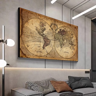โปสเตอร์ภาพวาดผ้าใบ รูปแผนที่โลก สไตล์วินเทจ ย้อนยุค สําหรับตกแต่งบ้าน 0711