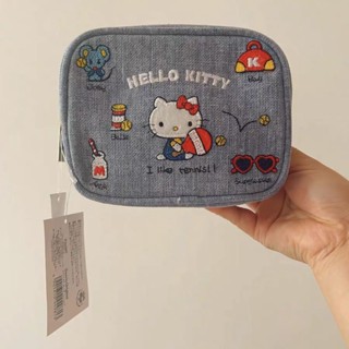 กระเป๋าใส่เหรียญ ผ้ายีน ขนาดใหญ่ จุของได้เยอะ แบบพกพา ปักลาย Hello Kitty สไตล์ญี่ปุ่น สําหรับผู้หญิง