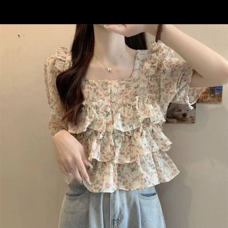 Bee เสื้อชีฟองลายดอก ปลอกคอสแควร์ แขนสั้น สไตล์เกาหลี - รูปที่ 1
