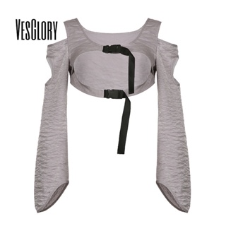 Vesglory เสื้อครอปท็อป คอกลม แต่งรูกลวง แต่งหัวเข็มขัด สีคอนทราสต์ แฟชั่นสําหรับสตรี 2023