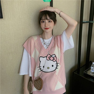 SANRIO เสื้อกันหนาวลําลอง คอวี ผ้าถัก ทรงหลวม ลายการ์ตูน Hello Kitty สไตล์ญี่ปุ่น แฟชั่นฤดูใบไม้ร่วง และฤดูหนาว สําหรับนักเรียนหญิง