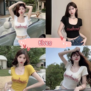 Elves✨พร้อมส่ง✨ เสื้อแขนสั้น ผ้าไหมพรม คอกลม ดีเทลสกีนลายตัวอักษร ~G023~