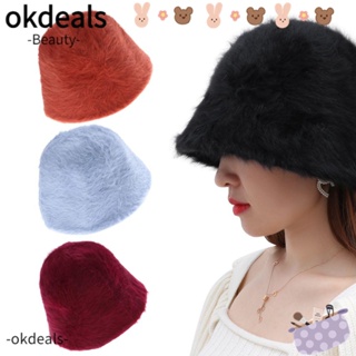 OKDEALS หมวกบักเก็ต สีพื้น ให้ความอบอุ่น แฟชั่นฤดูหนาว สําหรับผู้หญิง