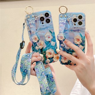 เคสโทรศัพท์มือถือ ซิลิโคนนิ่ม กันกระแทก ลายภาพวาดสีน้ํามัน รูปดอกไม้ พร้อมสายคล้องข้อมือ และสายคล้อง สไตล์วินเทจ สําหรับ iPhone 14 Pro 13 Pro 12 Pro Max 14 Plus 13 mini 12mini 4 สี