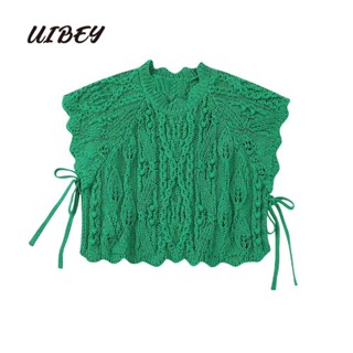 Uibey เสื้อกั๊กถัก คอกลม สีพื้น แฟชั่น 3672