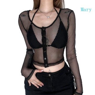 Mary เสื้อครอปท็อป แขนยาว คอวี ผ้าตาข่ายซีทรู เซ็กซี่ สําหรับผู้หญิง ใส่ไปคลับ