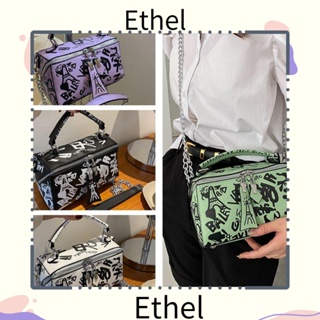 Ethel1 กระเป๋าสะพายไหล่ สะพายข้าง หนัง PU ลายกราฟฟิตี้ ปรับได้ สีดํา