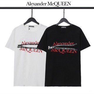 Alexander Mcqueen ของแท้ 100% เสื้อยืดแขนห้าส่วน พิมพ์ลาย มีซิป สไตล์สตรีท ฤดูร้อน สําหรับผู้ชาย คู่รัก