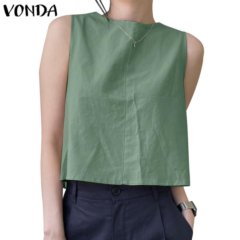 Vonda ผู้หญิง เกาหลี แขนกุด กระดุมด้านข้าง คอกลม สีพื้น ถัง