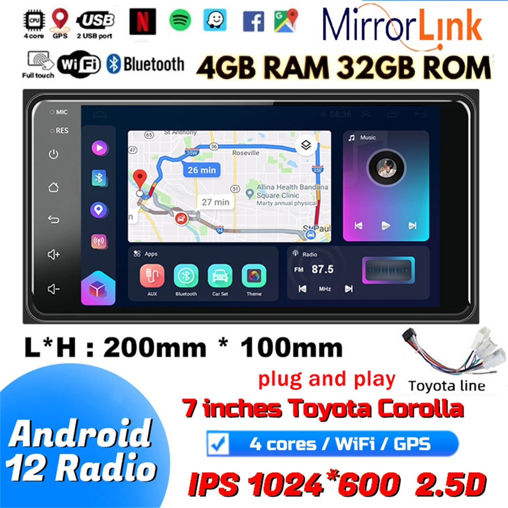 [4+32G] เครื่องเล่นวิทยุ Android 12 บลูทูธ 2din 8 นิ้ว สําหรับรถยนต์ Wifi GPS USB FM Toyota Plug and Play
