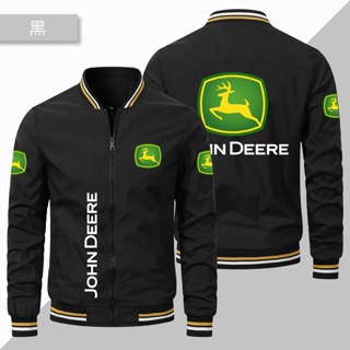 เสื้อแจ็กเก็ตเบสบอล แบบบาง แต่งซิป กันลม ลายโลโก้ John Deere เหมาะกับใส่ขับขี่กลางแจ้ง