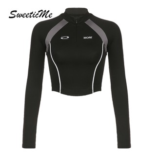 Sweeticme ใหม่ เสื้อยืดแขนยาว มีซิป ทรงสลิมฟิต สีตัดกัน สไตล์สตรีท แฟชั่นสําหรับผู้หญิง 2023