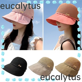 Eucalytus1 หมวกปีกกว้าง ป้องกันรังสียูวี พับได้ สีพื้น แฟชั่นฤดูใบไม้ผลิ