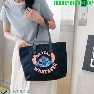 Anemone กระเป๋าสะพายไหล่ ผ้าแคนวาส พิมพ์ลายตัวอักษร Stitch น่ารัก สําหรับคุณแม่ นักเรียน