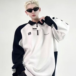 P POLO เสื้อกันหนาวลําลอง ผ้าฝ้ายแท้ ทรงหลวม สีดํา สีขาว สไตล์สตรีท สําหรับผู้ชาย