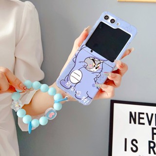 เคสโทรศัพท์มือถือ ประดับลูกปัด ลาย Tom Cat Jerry Mouse พร้อมสายคล้องมือ สําหรับ Samsung Galaxy Z Flip 3 4 5 5G Z Flip5