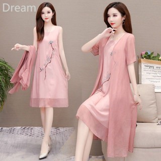 Large size embroidered two-piece suit elegant Han clothing mid-length belly-covering slimming chiffon dress for women