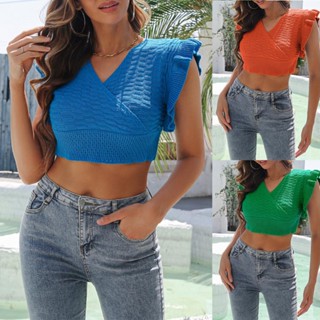 เสื้อท็อปสั้น คอวี สีพื้น สวมใส่สบาย แฟชั่นฤดูร้อน สําหรับสุภาพสตรี