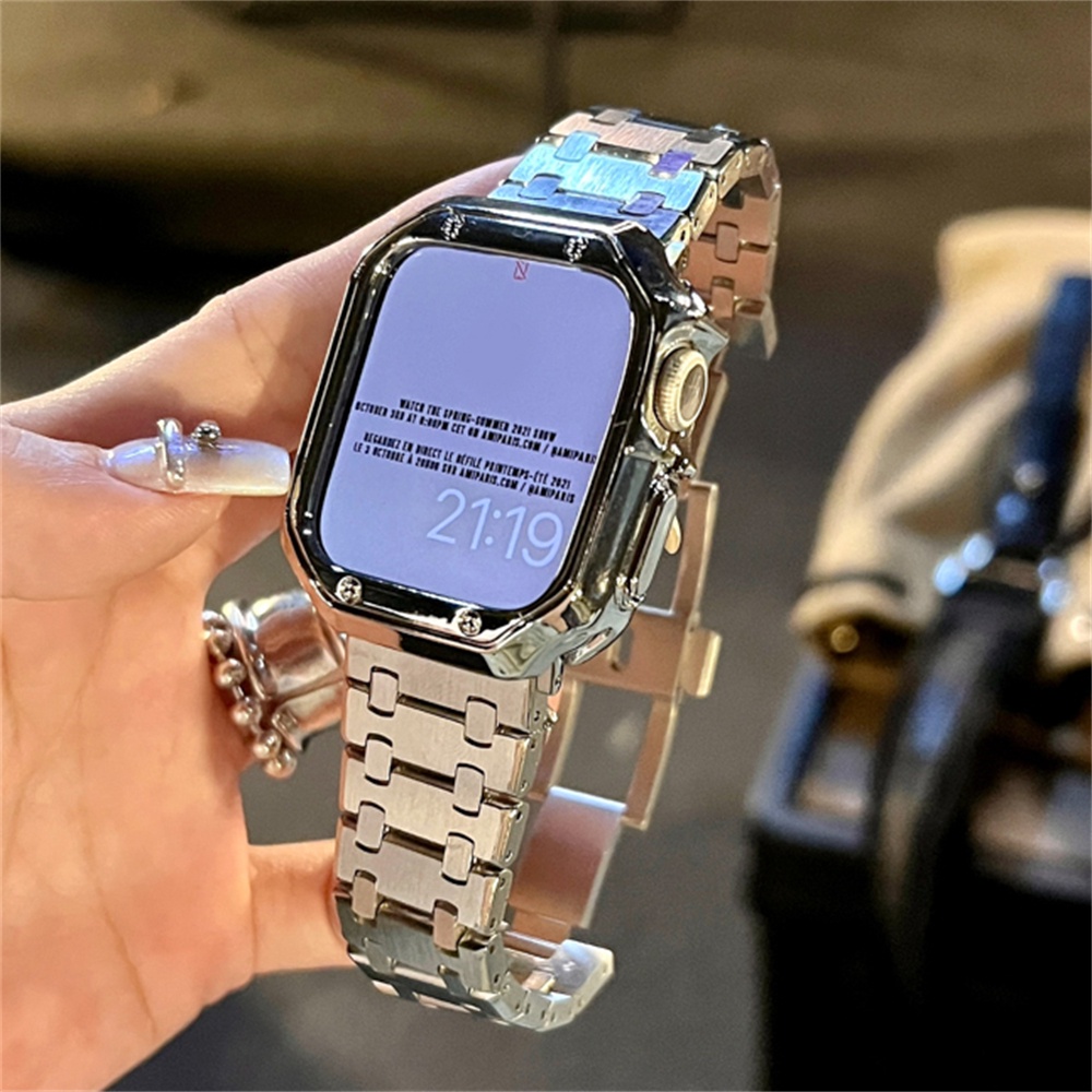 หรูหรา Strap + สําหรับ Smart Watch S11 10 46 มม.49 มม.7 6 5 SE 4 3 สแตนเลส Soild Band สําหรับ iWatch 41 มม.45 มม.38/42 มม.40/44 มม.Link