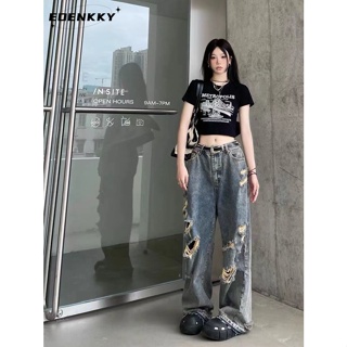 EOENKKY กางเกงขายาว กางเกงยีสน์ผู้หญิง ทรงหลวม ๆ ตรง Retro Hip Hop Pants 2023 NEW Style  สวยงาม สไตล์เกาหลี ทันสมัย ins A27L01U 36Z230909