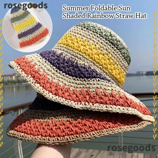 Rosegoods1 หมวกฟางปีกกว้าง ทรงโดม สีรุ้ง กันแดด