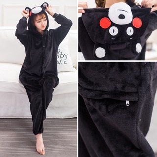 การ์ตูนอะนิเมะสีดํา Kumamon มีฮู้ด Onesie ชุดนอนฮาโลวีนคอสเพลย์เครื่องแต่งกายหมี Onesies ชุดนอนผู้ใหญ่