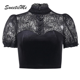 Sweeticme ใหม่ เสื้อยืด คอสูง แขนสั้น เข้ารูป แต่งลูกไม้ สีพื้น เซ็กซี่ แฟชั่นสําหรับผู้หญิง 2023