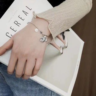 S925 Mickey Mouse Female Retro Old European and American Student Mouse Head Bracelet Cartoon Asymmetric Korean Fashion Hip Hop Trendy Jewelry