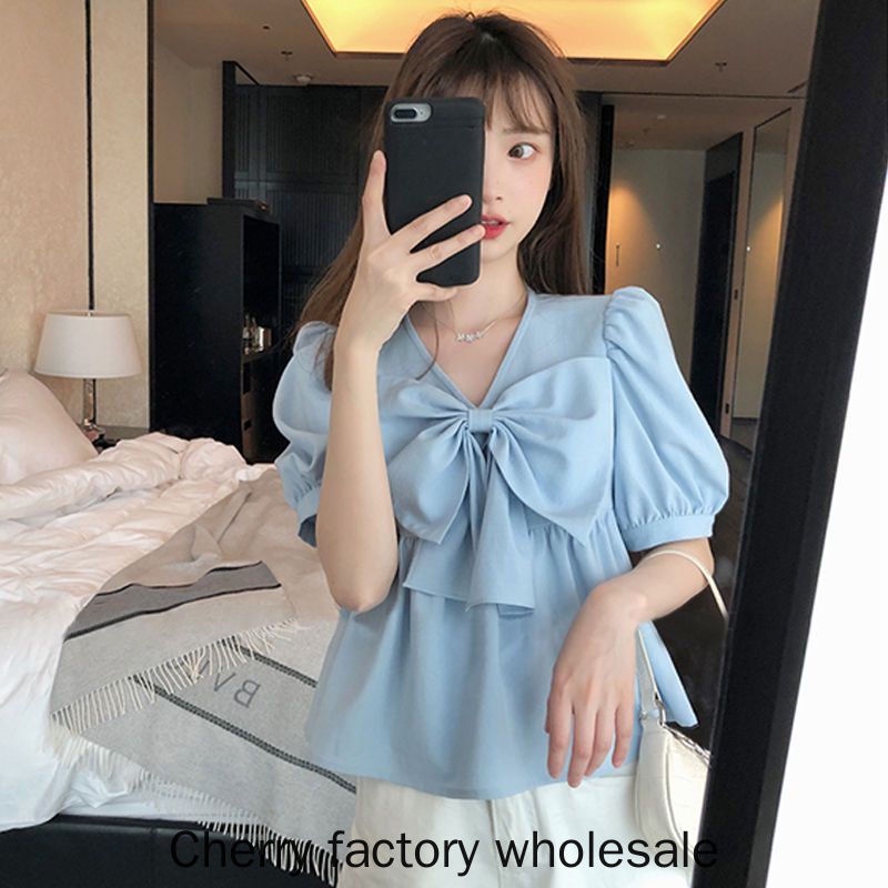 เสื้อแขนสั้น คอวี ผ้าชีฟอง ประดับโบว์ ทรงหลวม ขนาดใหญ่ สไตล์เกาหลี แฟชั่นใหม่ สําหรับผู้หญิง