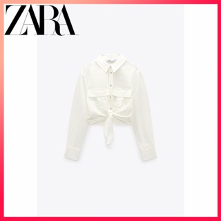 Zara ใหม่ เสื้อเชิ้ตแขนยาว สีขาว ผูกปม สําหรับผู้หญิง