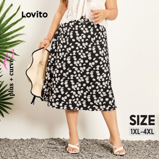 Lovito Plus Size Curve กระโปรงมิดิ เอวสูง ลายดอกไม้ สไตจล์โบโฮ สำหรับผู้หญิง LPS07048 (สีดำ)