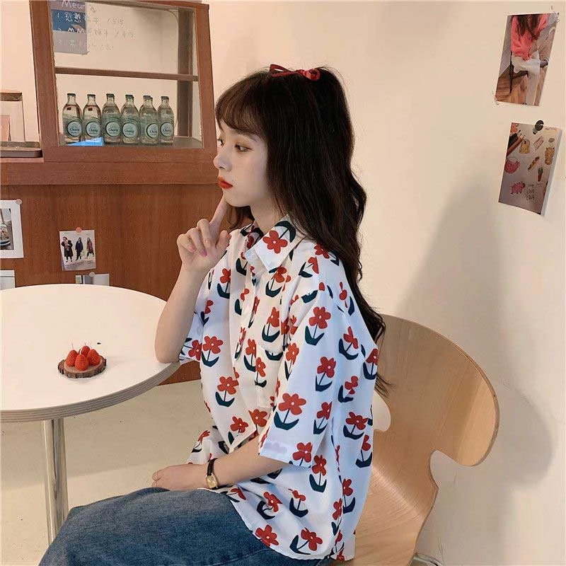 เสื้อเชิ้ตคอปกแขนสั้นผู้หญิง สไตล์เกาหลีลายดอกไม้ thumbnail 5