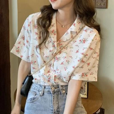 เสื้อเชิ้ตชีฟองแขนสั้น ลายดอก มีปก สไตล์ ins thumbnail 3
