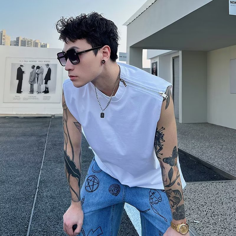 เสื้อยืดแขนกุด แต่งซิปโลหะ ทรงหลวม ใส่ข้างนอก สไตล์สปอร์ต สําหรับผู้ชาย