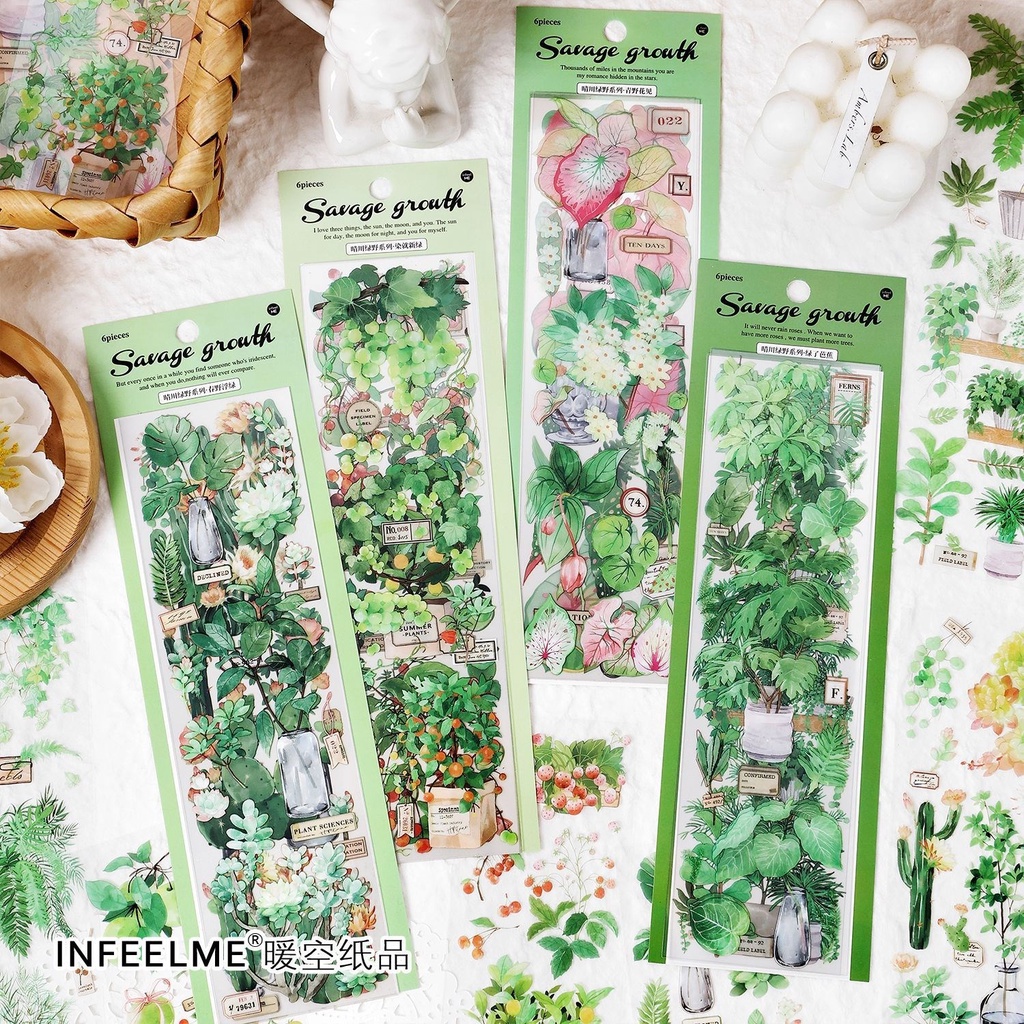 6 ชิ้นพืชสีเขียวสติกเกอร์ PET โปร่งใสสติกเกอร์ตกแต่งสําหรับ Scrapbooking Craft อัลบั้ม Journal